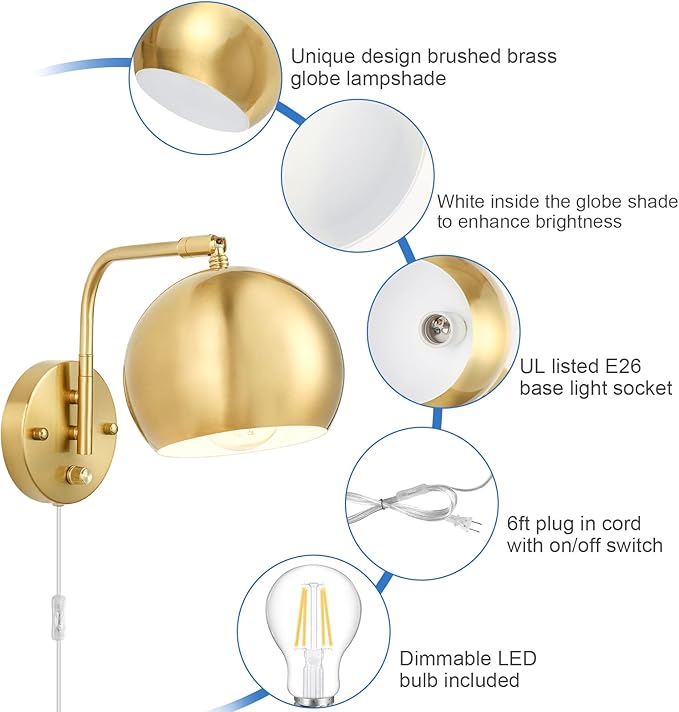 VATONI Wall Sconces Plug in, Dimmable Wall Sconce Swing Arm Wall Lights - Image 4