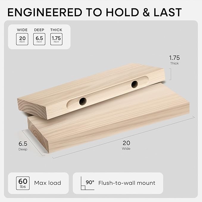 Homeforia 20 inch Wood Floating Shelves, High End Solid Natural Wood 20inch - Image 2