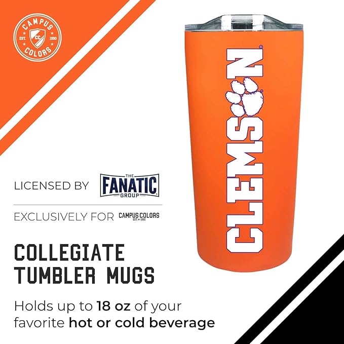 Campus Colors NCAA Stainless Steel Tumbler perfect for Gameday - 18 oz - Double Walled - Keeps Drinks Perfectly Insulated (Clemson Tigers - Orange)