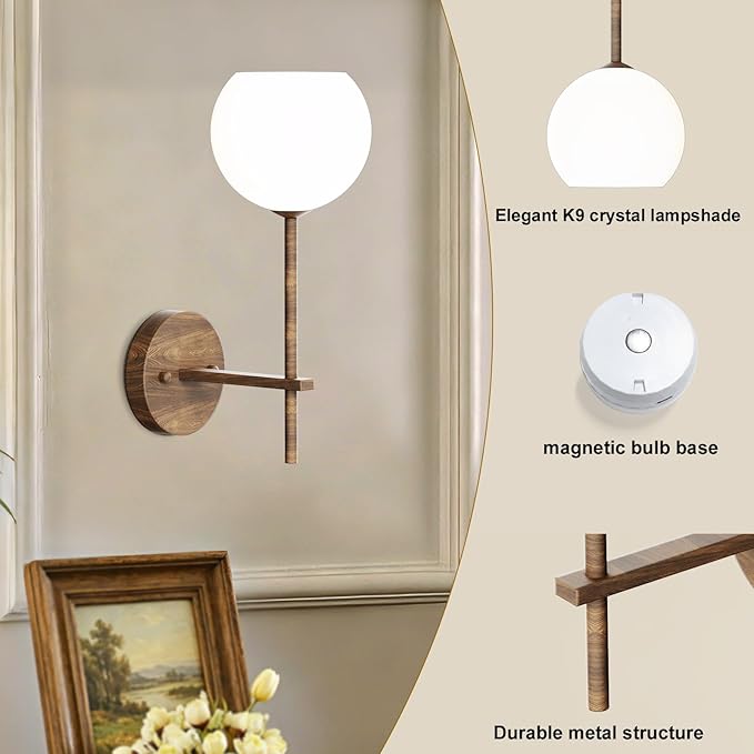 Walnut Grain Battery Operated Wall Sconces Set of 2, Rechargeable Wireless Wall - Image 8