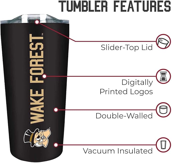 Campus Colors NCAA Stainless Steel Tumbler perfect for Gameday - 18 oz - Double Walled - Keeps Drinks Perfectly Insulated (Wake Forest Demon Deacons - Black)