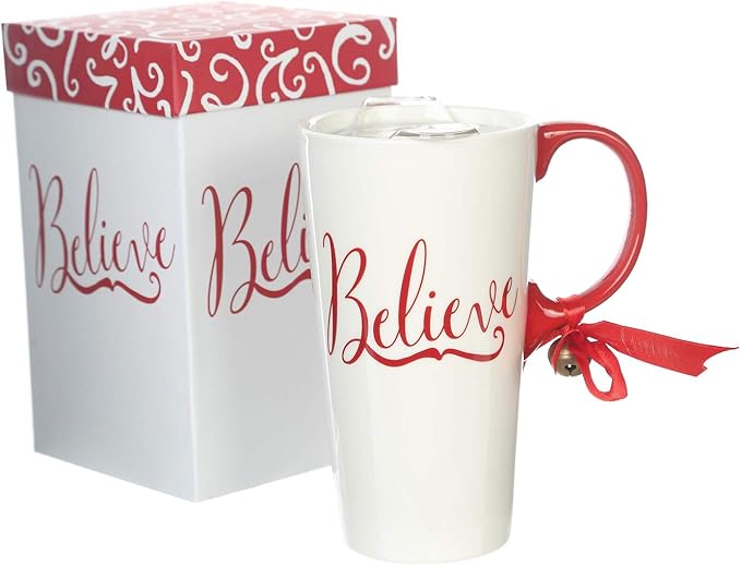 Topadorn Christmas Ceramic Mug Porcelain Coffee Cup with Tritan Lid and Box,17 oz Bell Decorated (Believe)