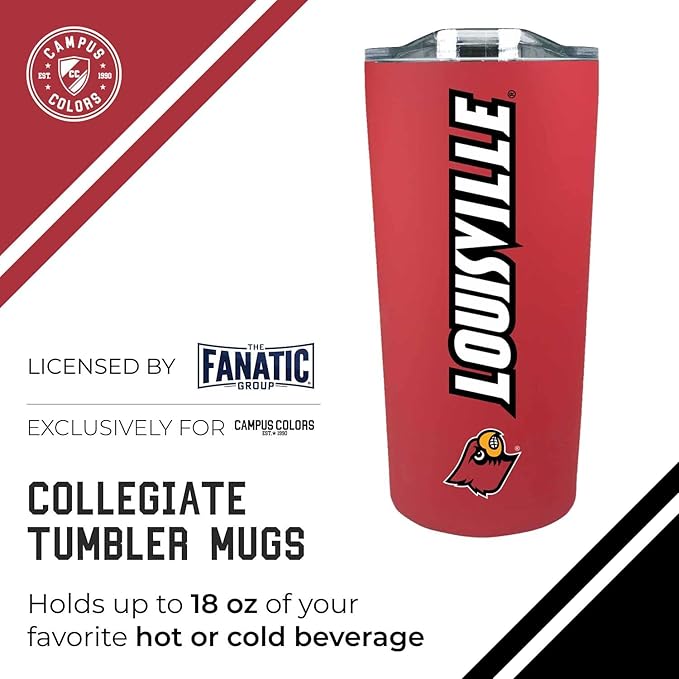 Campus Colors NCAA Stainless Steel Tumbler perfect for Gameday - 18 oz - Double Walled - Keeps Drinks Perfectly Insulated (Louisville Cardinals - Red)