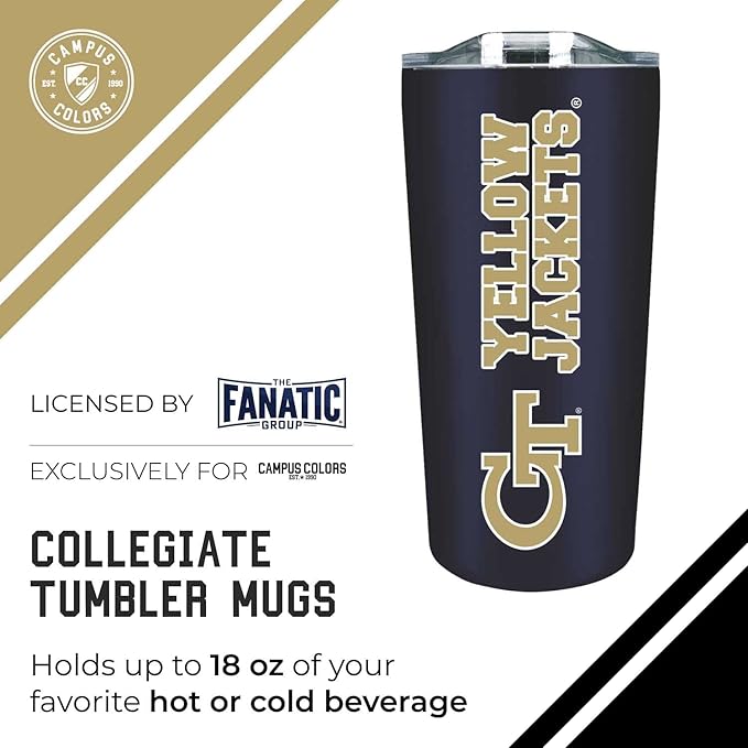 Campus Colors NCAA Stainless Steel Tumbler perfect for Gameday - 18 oz - Double Walled - Keeps Drinks Perfectly Insulated (Georgia Tech Yellowjackets - Navy)