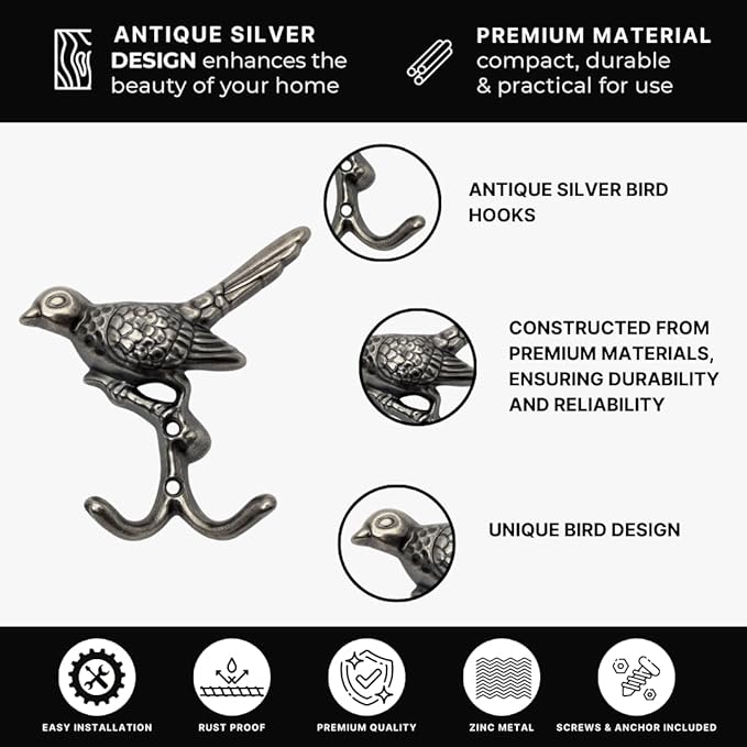 12 pcs Antique Silver Bird Decorative Wall Hooks - Image 5