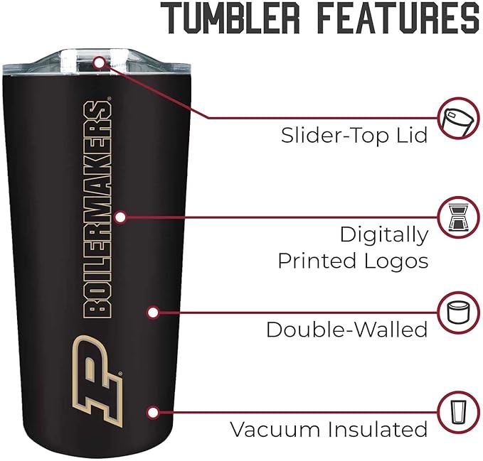 Campus Colors NCAA Stainless Steel Tumbler perfect for Gameday - 18 oz - Double Walled - Keeps Drinks Perfectly Insulated (Purdue Boilermakers - Black)