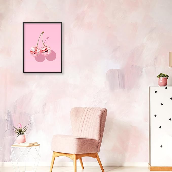 Funky Pink Cherry Poster Retro Disco Ball Canvas Wall Art 24X36 inch Black - Image 6