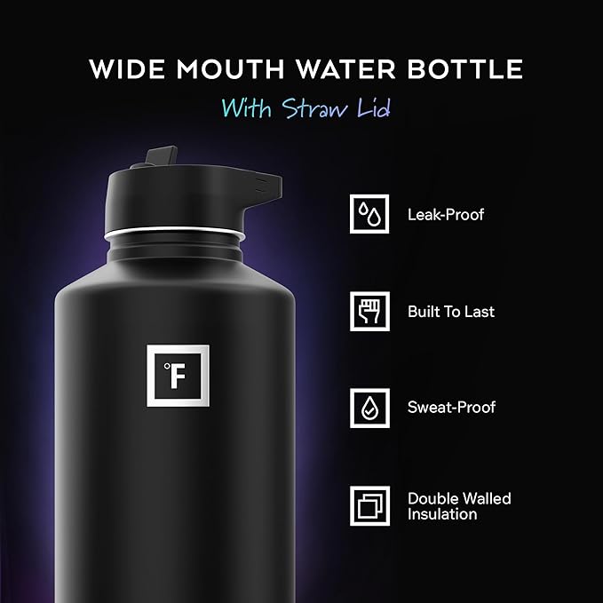 IRON °FLASK Camping & Hiking Hydration Flask with Straw, Wide Mouth Insulated Stainless Steel Sports Water Bottle - 64 oz Aurora