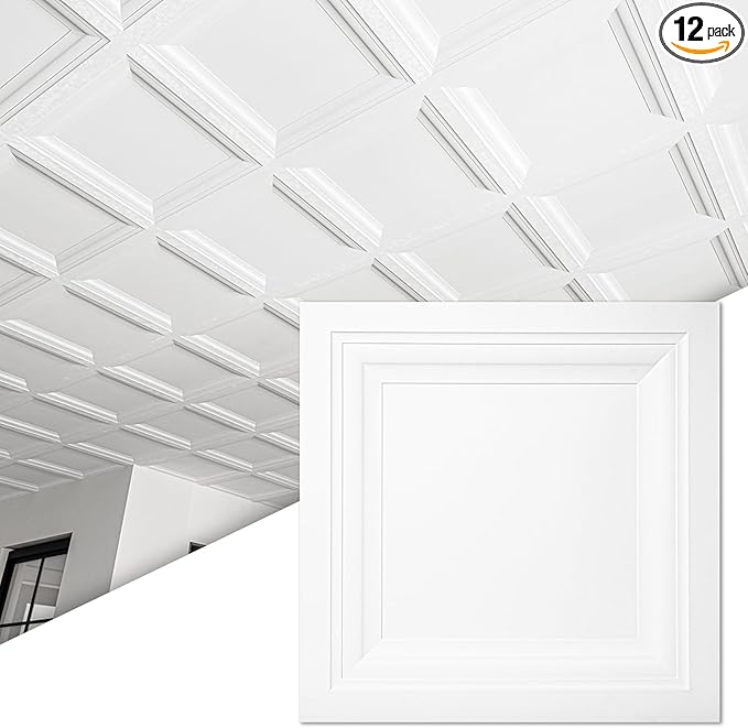 Art3d 12-Pack Square Drop Ceiling Tile 2ft x 2ft in White, PVC Ceiling Panel 24 by Art3d