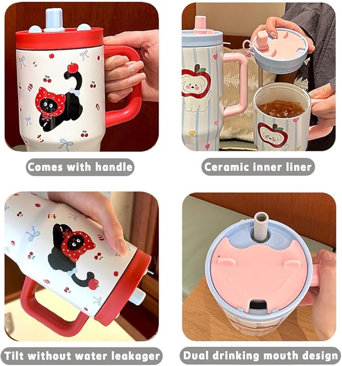 ZZT Cute 27 OZ Ceramic Coated Interior Tumbler with Handle and Straw,Leak Proof,Easy To Clean,Direct drinking/Straw Sippy Cup, Insulated Travel Mug,Gifts for School,Work,Home (Black Cat)