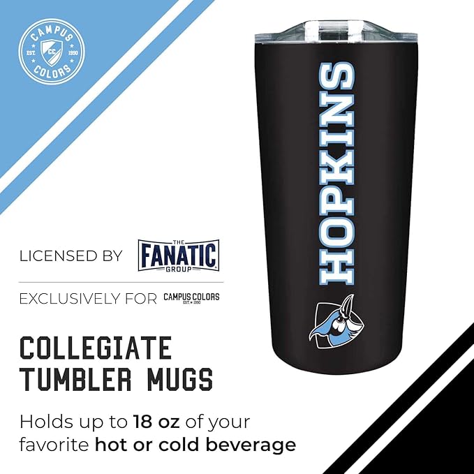 Campus Colors NCAA Stainless Steel Tumbler perfect for Gameday - 18 oz - Double Walled - Keeps Drinks Perfectly Insulated (Johns Hopkins Blue Jays - Black)