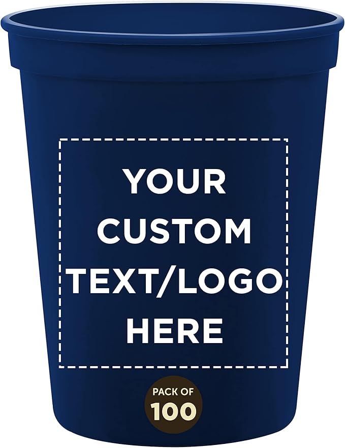 DISCOUNT PROMOS Custom Plastic Stadium Cups 16 oz. Set of 100, Personalized Bulk Pack - Perfect for Birthdays, Weddings, Picnic, Beach, Parties - Navy Blue