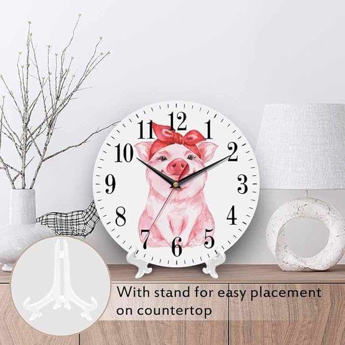 Mxocom Pink Pig Wall Clock Funny Cartoon Pig Wearing Red Bandana 10 Inch Silent - Image 3