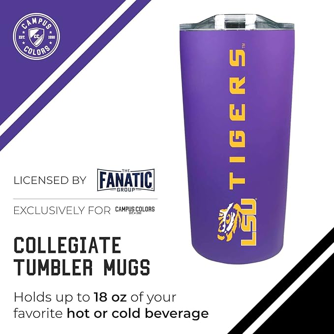 Campus Colors NCAA Stainless Steel Tumbler perfect for Gameday - 18 oz - Double Walled - Keeps Drinks Perfectly Insulated (LSU Tigers - Purple)
