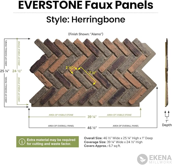 EverStone Herringbone Faux Brick Panel, 46 1/2"W x 25 1/4"H x 1"D, Limewashed - Image 2