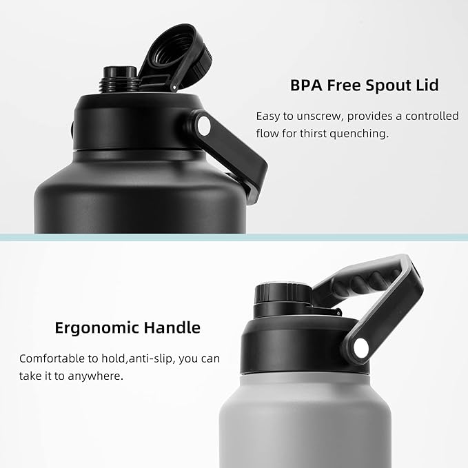 BJPKPK One Gallon(128 oz) Insulated Water Bottle, Dishwasher Safe Stainless Steel Jug, BPA Free Jug with Ergonomic Handle & Anti-slip Bottom, Large Water Bottle, Black
