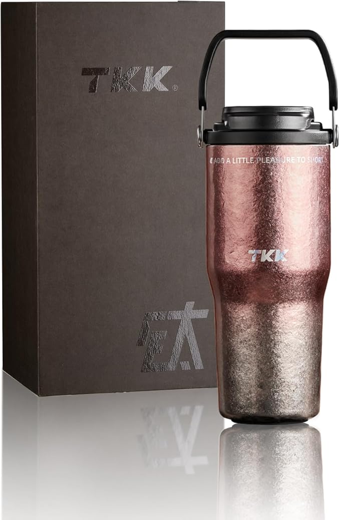 TKK 24oz Pure Titanium Inner Tumbler with Straw Lid, Vacuum Insulated Cup Leakproof Double Walled Travel Mug with Handle, Dishwasher Safe for Hot/Cold Drinks, Titanium Pink