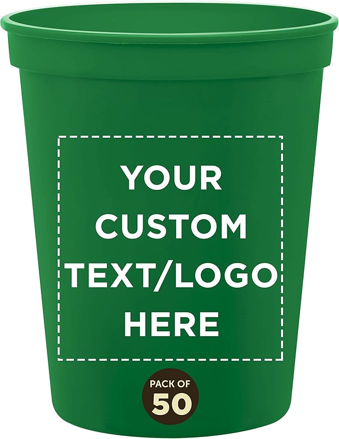 DISCOUNT PROMOS Custom Plastic Stadium Cups 16 oz. Set of 50, Personalized Bulk Pack - Perfect for Birthdays, Weddings, Picnic, Beach, Parties - Kelly Green