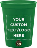 DISCOUNT PROMOS Custom Plastic Stadium Cups 16 oz. Set of 50, Personalized Bulk Pack - Perfect for Birthdays, Weddings, Picnic, Beach, Parties - Kelly Green