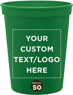 DISCOUNT PROMOS Custom Plastic Stadium Cups 16 oz. Set of 50, Personalized Bulk Pack - Perfect for Birthdays, Weddings, Picnic, Beach, Parties - Kelly Green