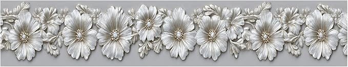 Silver Floral Wallpaper Border 196x4 Inch Peel and Stick Wall Border Metallic - Image 2