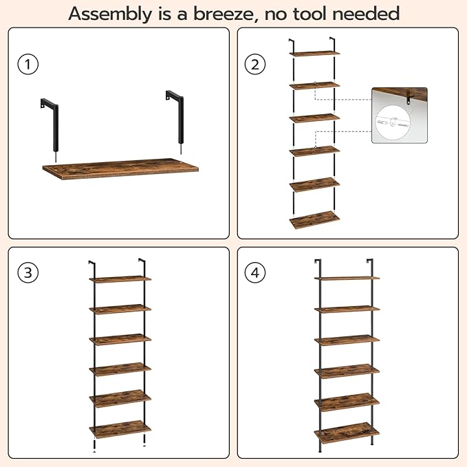 HOOBRO DIY Ladder Shelf, 6-Tier Wall Mounted Bookshelf, Office Vertical Bookcase - Image 9