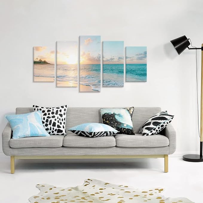 Goldfoilart 5 Pieces Beach Sunset Canvas Wall Art Blue Sea Prints Romantic - Image 7
