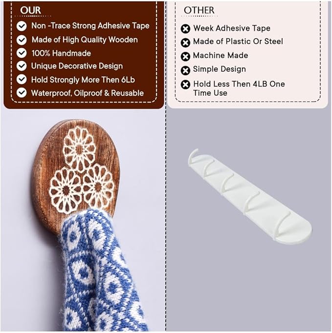 IndianShelf 6 Lb- 24 Pieces Decorative Wood Adhesive Wall Hooks–Boho Peel and - Image 4