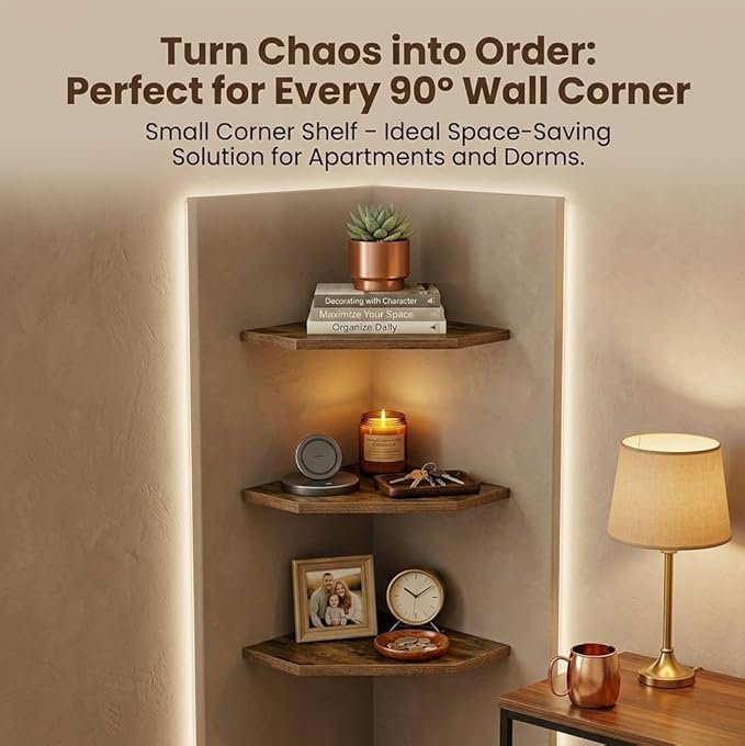 SUYU Set of 3 Floating Corner Shelves, 11.8" Rustic Wood Corner Shelf Wall - Image 7