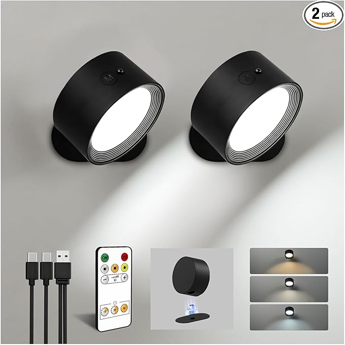 LED Wall Mounted Lights, Rechargeable Wall Sconces Lamp, 3 Color Temps & Remote by AMETHEUS