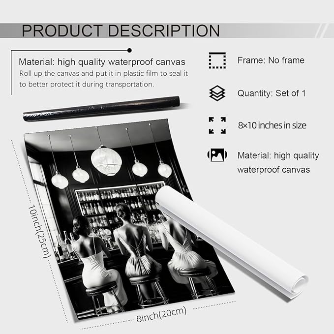 FuSatisYilife Vintage Black and White Canvas Wall Art Trendy Women Drink - Image 2
