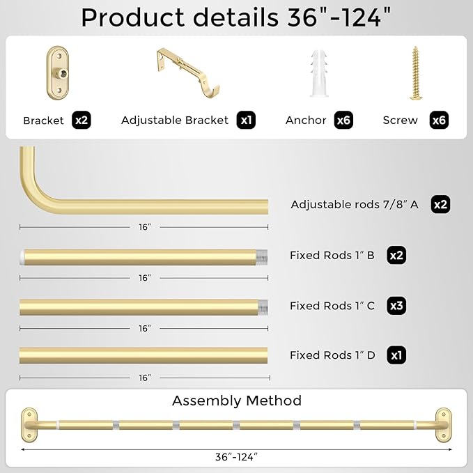 Curtain Rods 36-120 Inch, 1 Inch Adjustable Long Heavy Duty Room Darkening - Image 7