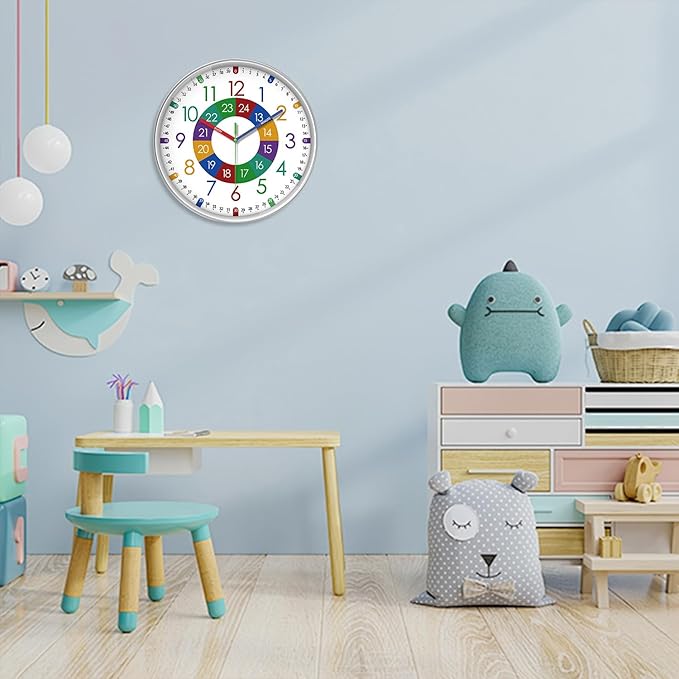 XFM Kids Wall Clock for Children's Bedroom 10 Inch Round Multi-Colored Learning - Image 5