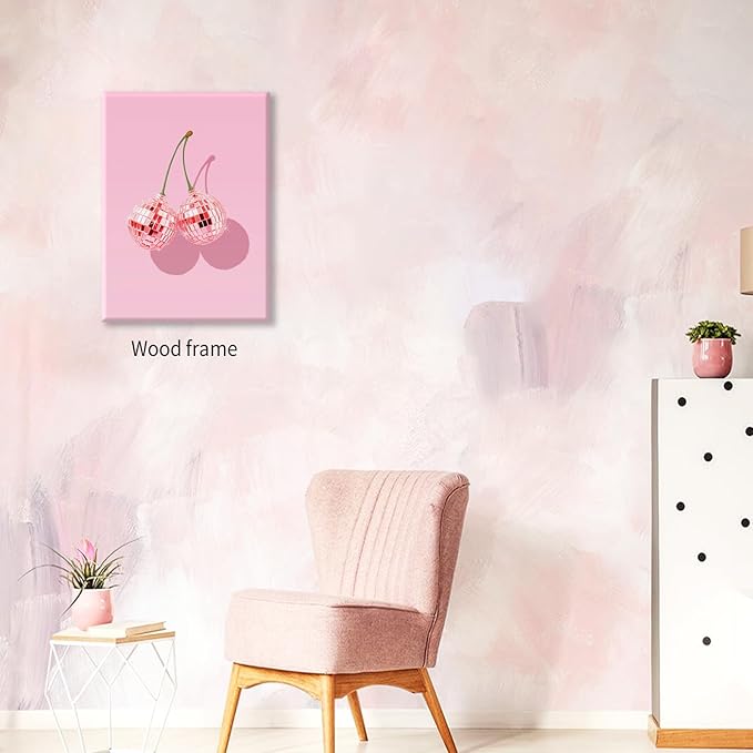 Funky Pink Cherry Poster Retro Disco Ball Canvas Wall Art 12X16 inch Framed - Image 6