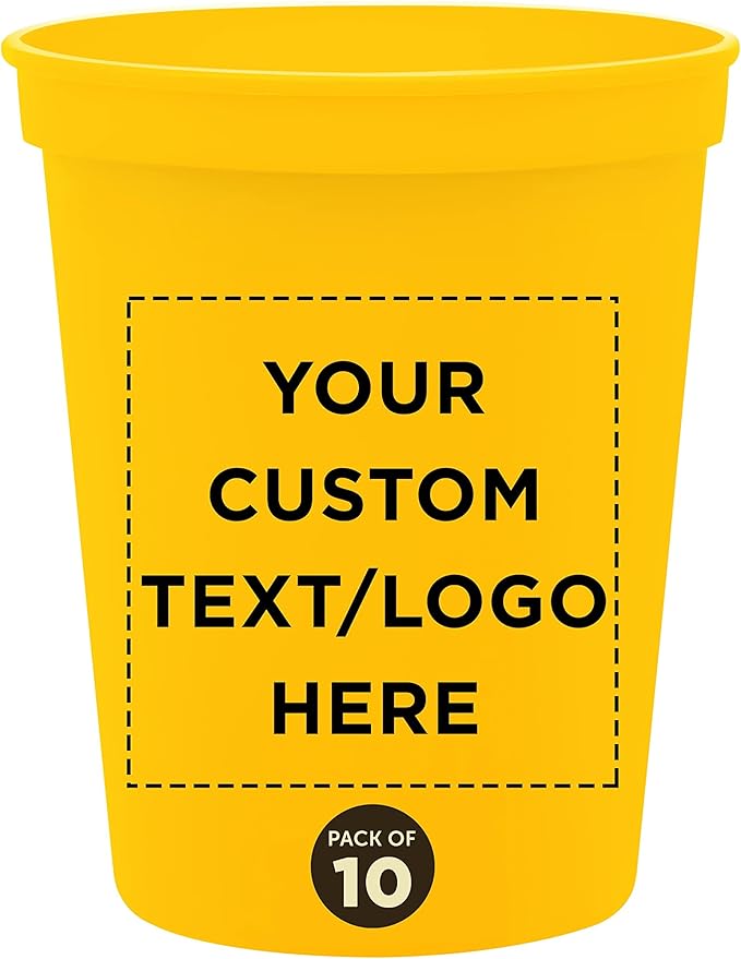 DISCOUNT PROMOS Custom Plastic Stadium Cups 16 oz. Set of 10, Personalized Bulk Pack - Perfect for Birthdays, Weddings, Picnic, Beach, Parties - Yellow