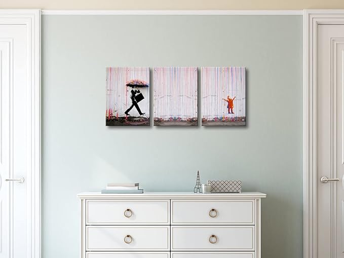 Wieco Art 3 Piece Banksy Famous Canvas Paintings Wall Art Raining day Modern - Image 5