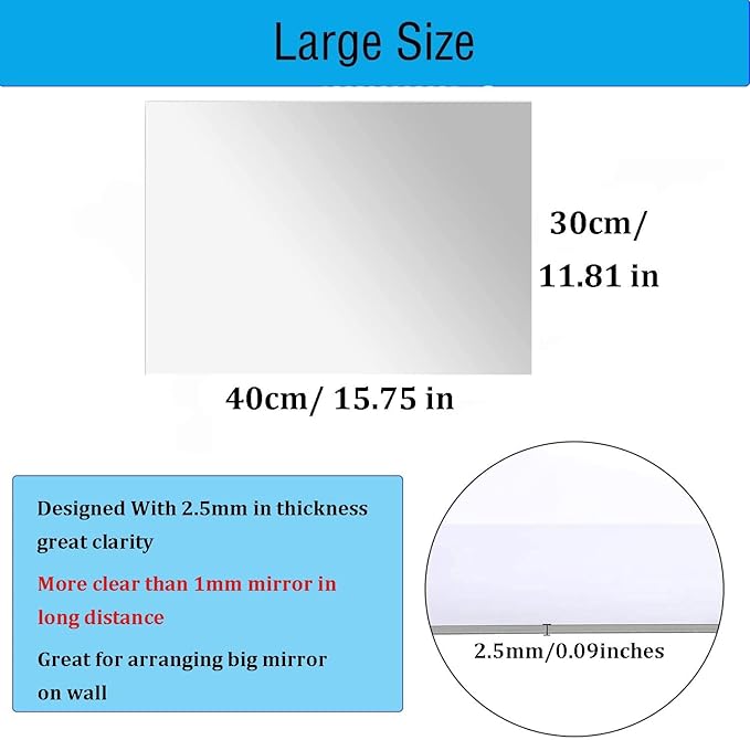 16"x12" Acrylic Mirror Sheet, Flexible Non Glass Body Mirror Tiles Large Self - Image 2