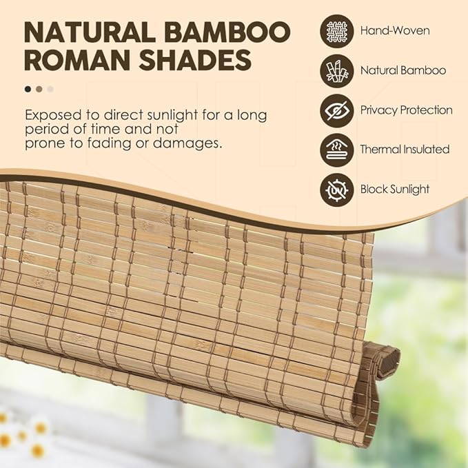 Cordless Bamboo Roman Shades, Light Filtering Bamboo Shades Blinds Window - Image 2
