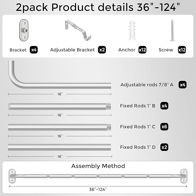 2 Pack Curtain Rods 36-120 Inch, Living Room, Sliding Door - Image 7