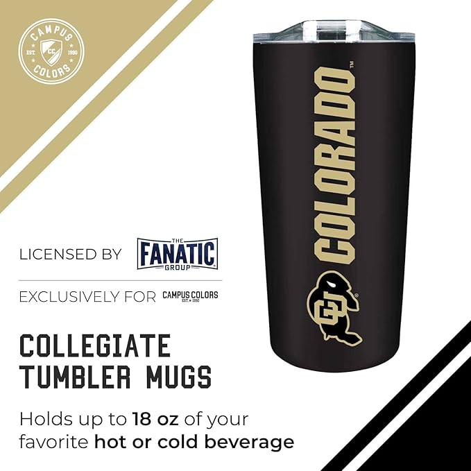 Campus Colors NCAA Stainless Steel Tumbler perfect for Gameday - 18 oz - Double Walled - Keeps Drinks Perfectly Insulated (Colorado Buffaloes - Black)
