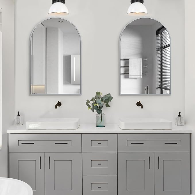 24" x 32" Silver Arched Mirror, Arch Wall Mirror, Metal Frame Black Bathroom - Image 6