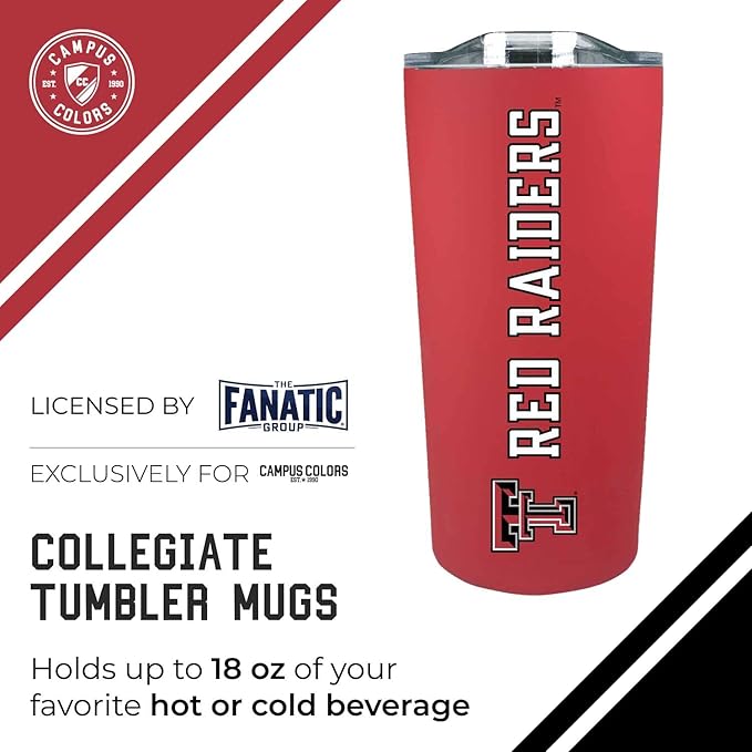 Campus Colors NCAA Stainless Steel Tumbler perfect for Gameday - 18 oz - Double Walled - Keeps Drinks Perfectly Insulated (Texas Tech Red Raiders - Red)