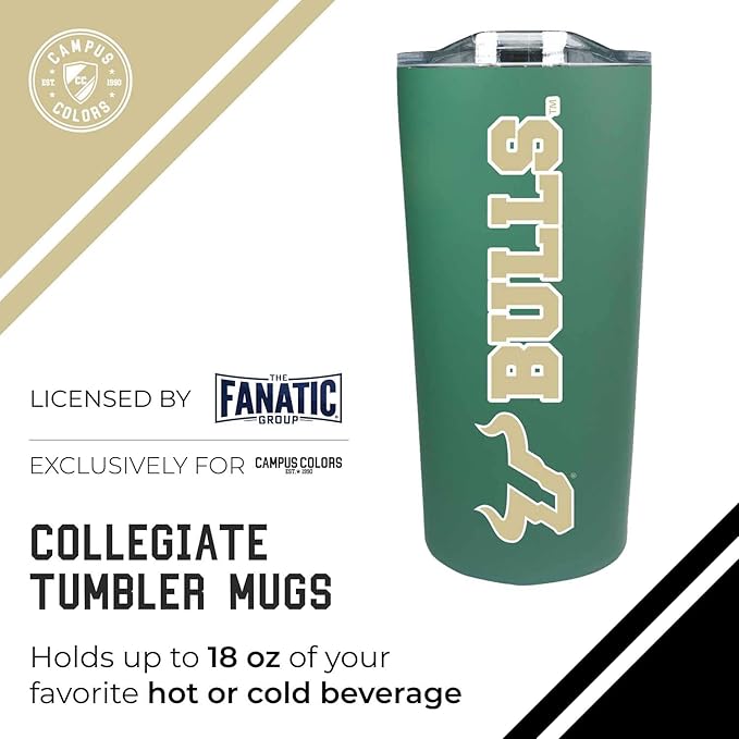 Campus Colors NCAA Stainless Steel Tumbler perfect for Gameday - 18 oz - Double Walled - Keeps Drinks Perfectly Insulated (USF Bulls - Green)