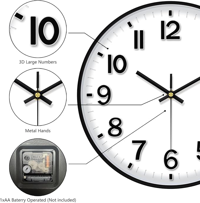 Black Wall Clock, 8 Inch Wall Clocks Battery Operated, Round Modern Non Ticking - Image 7