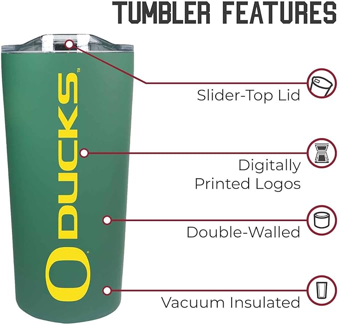 Campus Colors College Stainless Steel, Double Walled, Vacuum Insulated, Reusable Collegiate Tumbler with Slider-Top Lid for Travel, Sports, and Coffee, 18 oz (Oregon Ducks - Green)