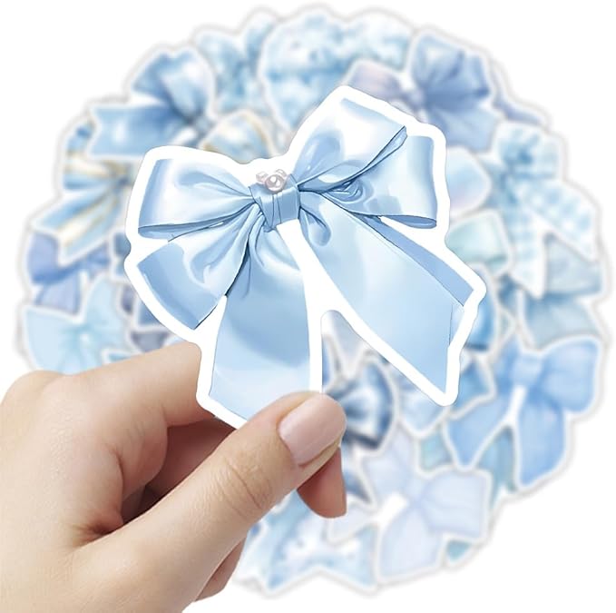 Blue Bow Stickers 50Pcs Vinyl Cute Aesthetic Bows Stickers for Water Bottle Scrapbook Laptop Luggage Helmet Bike Computer Motorcycle Skateboard,Waterproof Funny Trendy Decals for Teens Girls Women