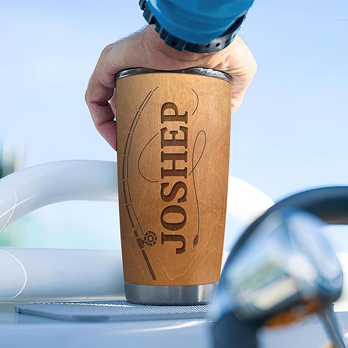 wowcugi Custom Tumbler For Men 20oz 30oz Born To Fish Forced To Work Personalized Insulated Cup Gifts For Fishing Wood Style Mug For Dad Grandpa Husband Boyfriend Son Birthday Valentines Fathers Day