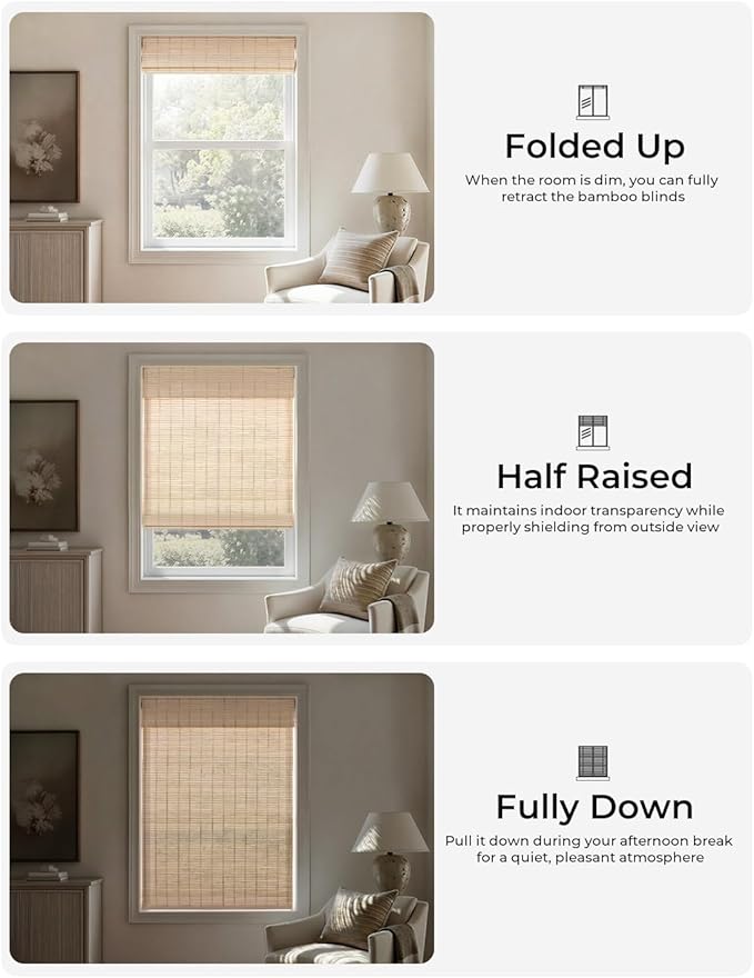 UNISHADES No Drill Cordless Bamboo Roman Shades, Light Filtering Woven Natural - Image 4