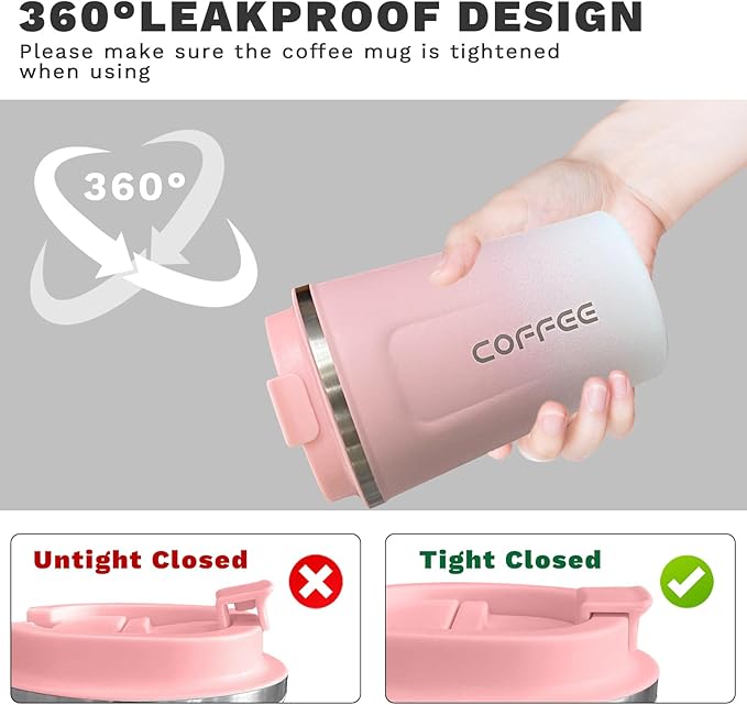 YINBAOGE Insulated Travel Coffee Mug, Spill & Leak Proof, Portable To Go Camping Stainless Steel Coffee Tumbler, Reusable Thermal Coffee Cup with Lid for Hot & Cold Drinks (2nd-Pink White, 12 OZ)