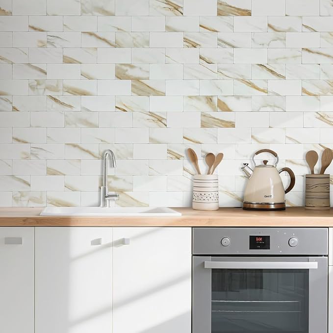 AULIGET 4-Piece Calacatta Gold Marble Look Peel and Stick Backsplash Wall Tiles - Image 2
